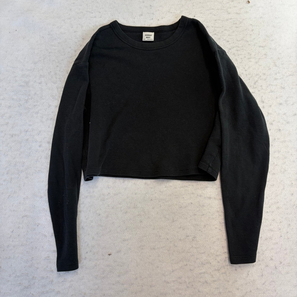 Sunday Best Waffle Knit Top Womens 2XS Black Long Sleeve Cropped Crewneck